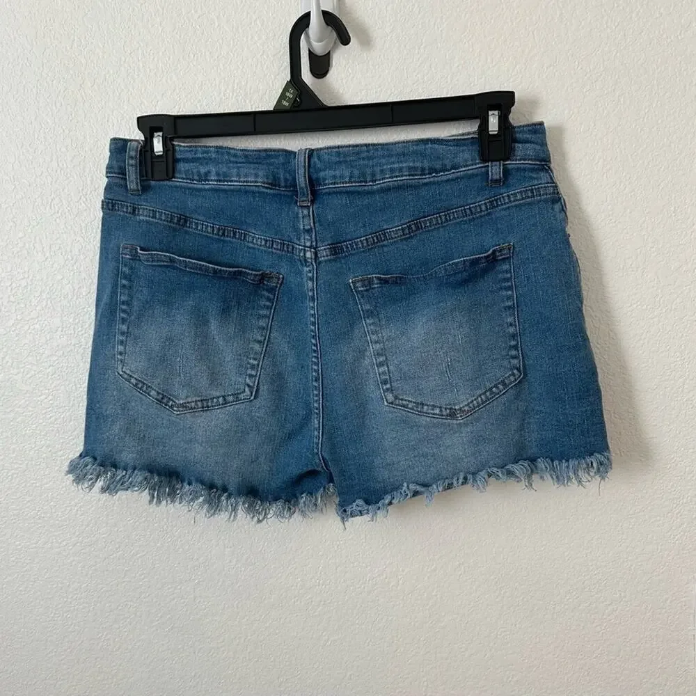 Denim Blue Frayed Hem Women Shorts